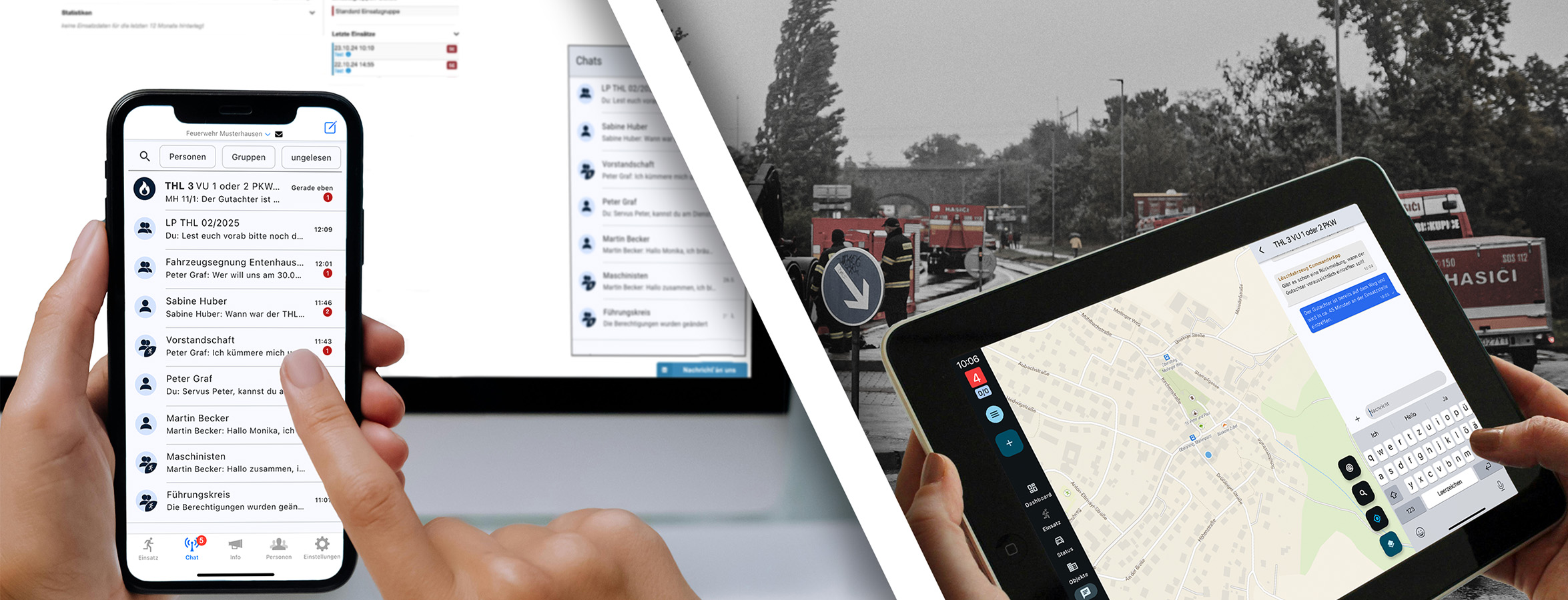 Der BOS-Chat auf Smartphone (FF-Agent App) und Tablet (FF-Agent Commander App)