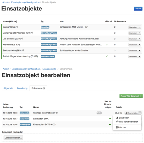 Übersicht und Dokumentenverwaltung der Einsatzobjekte