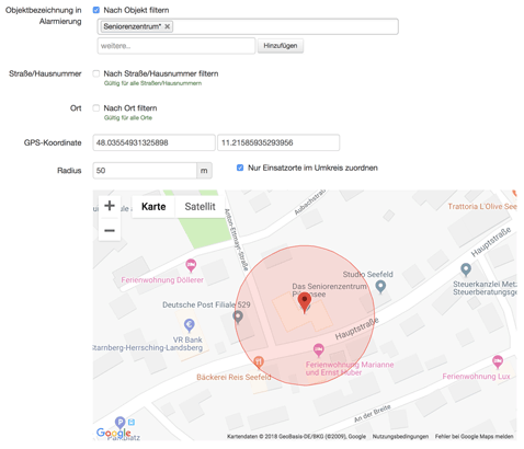 Einstellungen zu Ort und Filterung des Einsatzobjekts